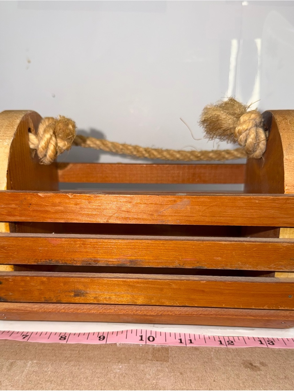 Vintage Hand-Painted Wooden Slat Caddy Box w/ Rope Handle - Picture 4 of 7